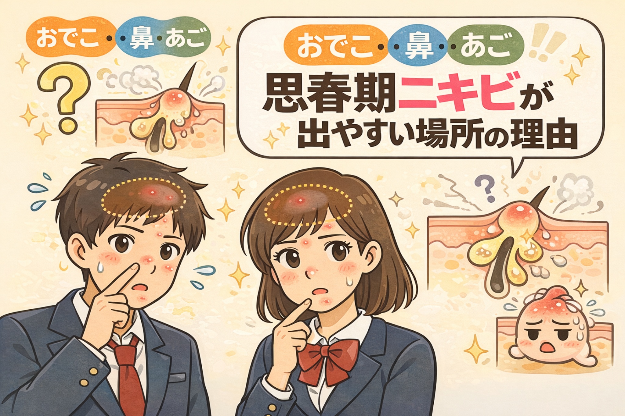 思春期ニキビが「おでこ・鼻・あご」に出やすい理由を解説するイラスト。男女の学生がそれぞれ気になる部位を指さし、皮脂分泌が活発なTゾーンや毛穴構造の断面図を用いて、炎症や詰まりが起こりやすい仕組みをわかりやすく示している。