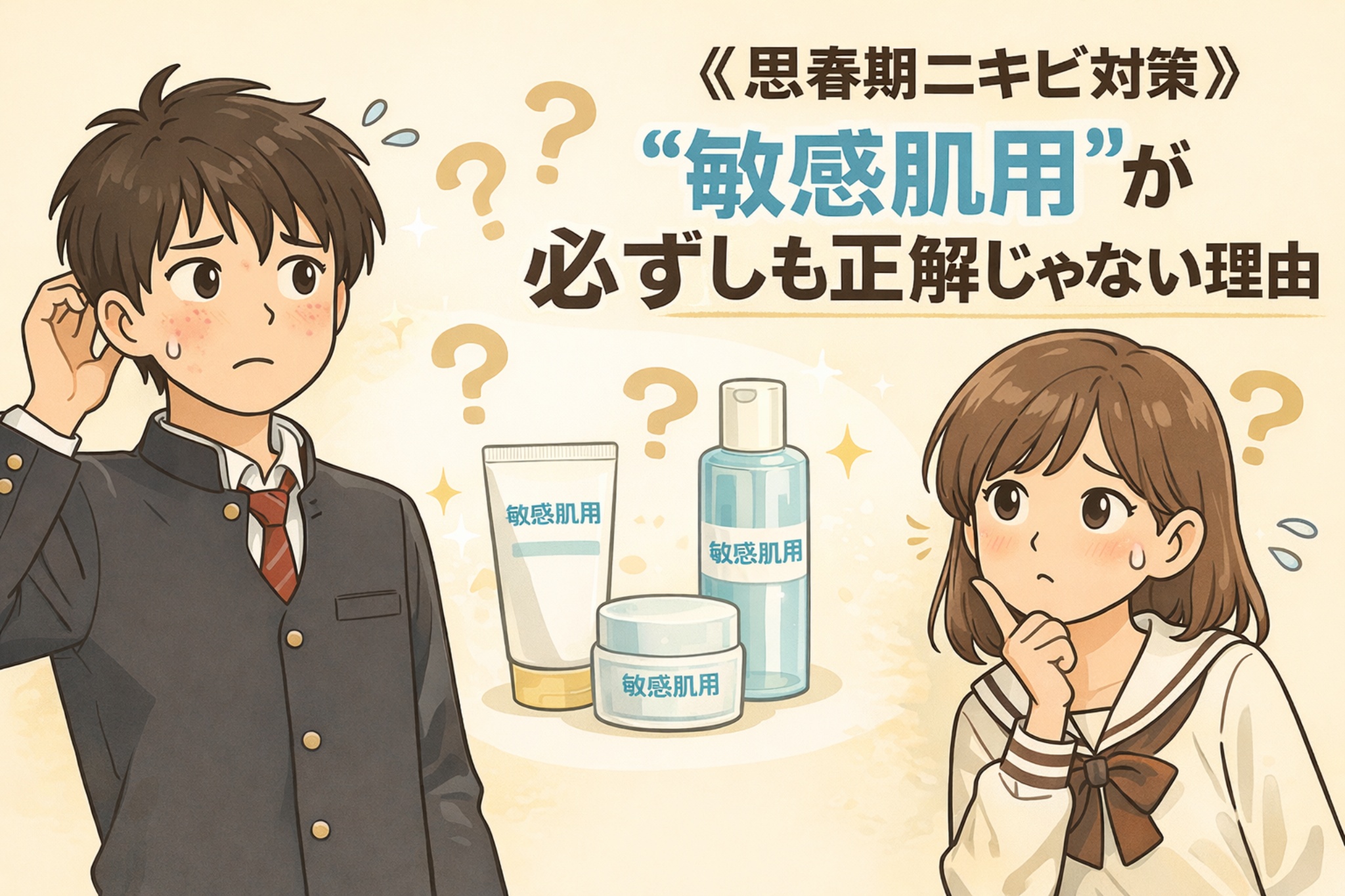 思春期ニキビ対策として「敏感肌用」を選んでいるが、本当に合っているのか悩む男女の学生を描いたイラスト。敏感肌用スキンケア製品と疑問符を配置し、刺激の弱さだけではニキビ対策として十分でない可能性を示している。