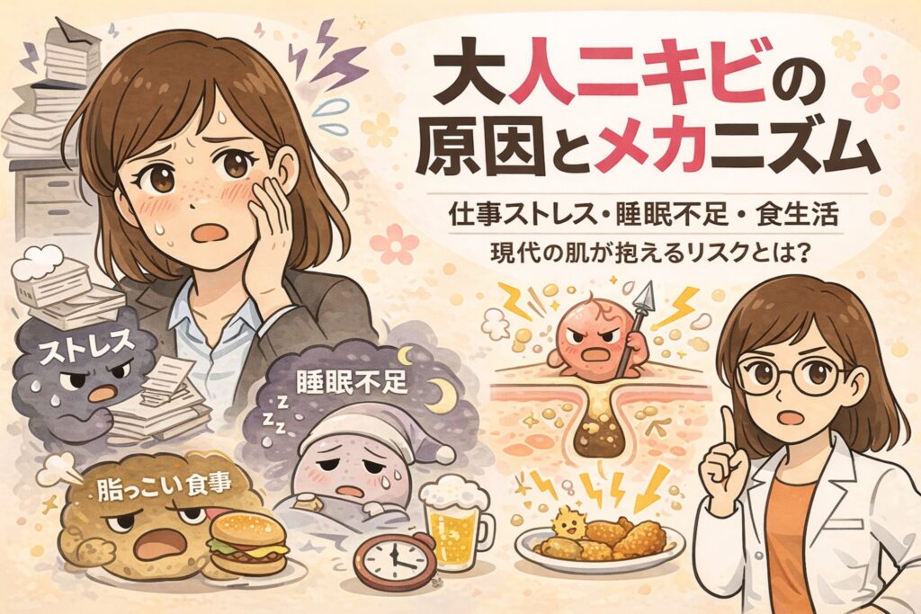 大人ニキビの原因とメカニズムを解説したイラスト。仕事ストレス、睡眠不足、脂っこい食事などの生活習慣が皮脂分泌や毛穴詰まりに影響し、炎症性ニキビにつながる流れを、人物と毛穴断面図で示している。