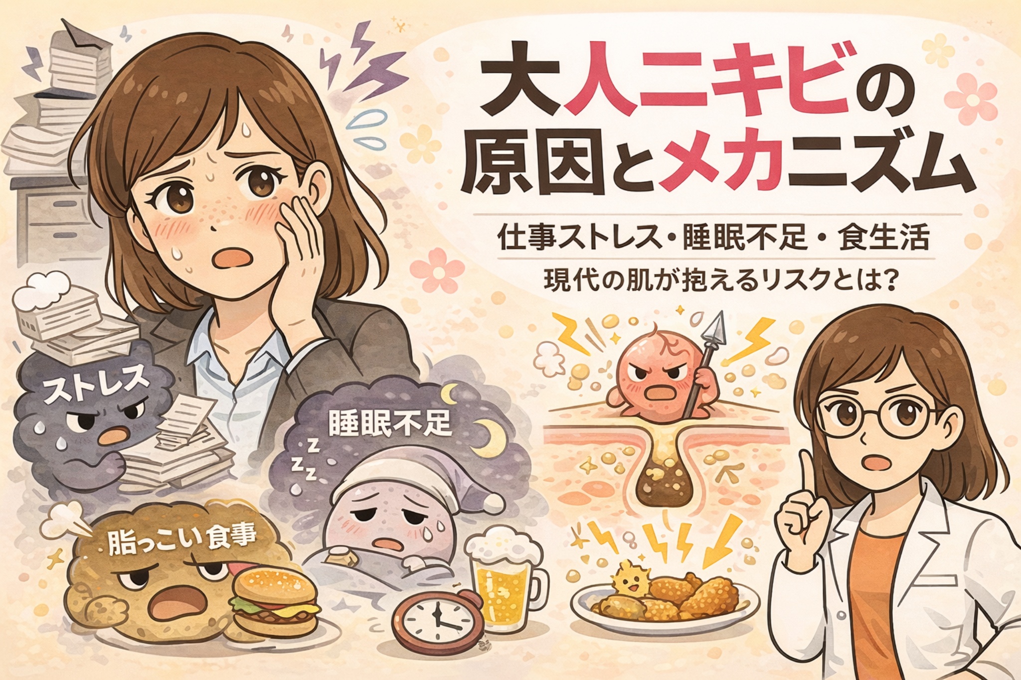 大人ニキビの原因とメカニズムを解説したイラスト。仕事ストレス、睡眠不足、脂っこい食事などの生活習慣が皮脂分泌や毛穴詰まりに影響し、炎症性ニキビにつながる流れを、人物と毛穴断面図で示している。