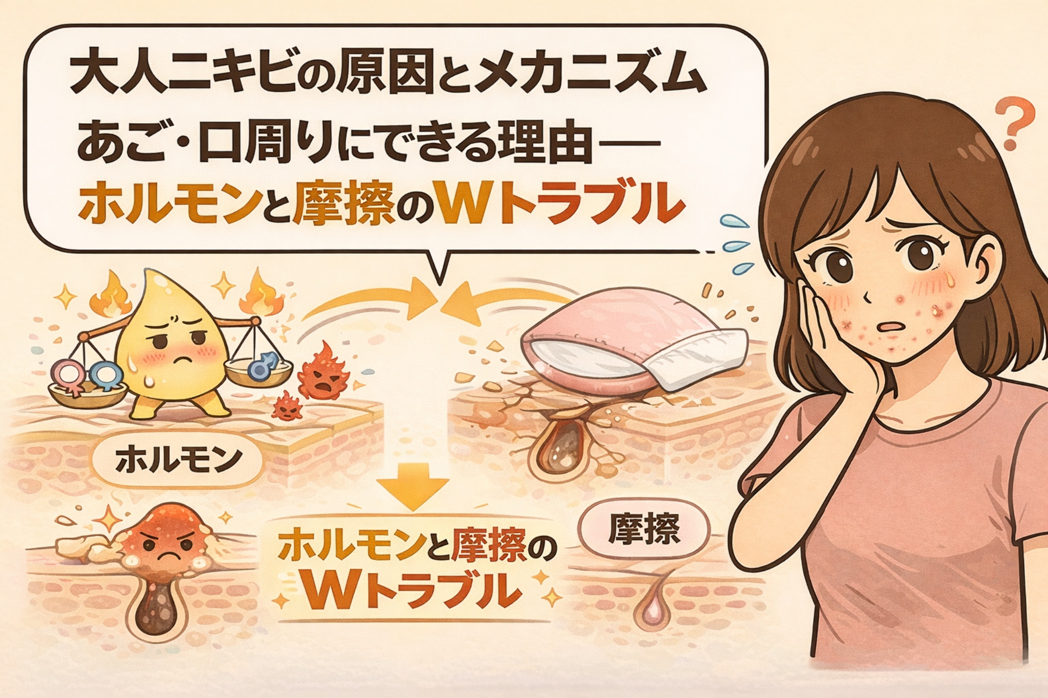 あご・口周りにできる大人ニキビの原因を解説するイラスト。ホルモンバランスの乱れによる皮脂分泌と、マスクや肌接触による摩擦が重なって毛穴が詰まり、炎症ニキビへ進行する「ホルモンと摩擦のWトラブル」の仕組みを、悩む女性と毛穴断面図で分かりやすく示している。