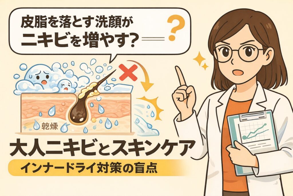 皮脂を落としすぎる洗顔が大人ニキビを増やす可能性を解説するイラスト。泡で洗われて乾燥した毛穴断面図と、白衣を着た女性がインナードライ対策の盲点を指摘している。