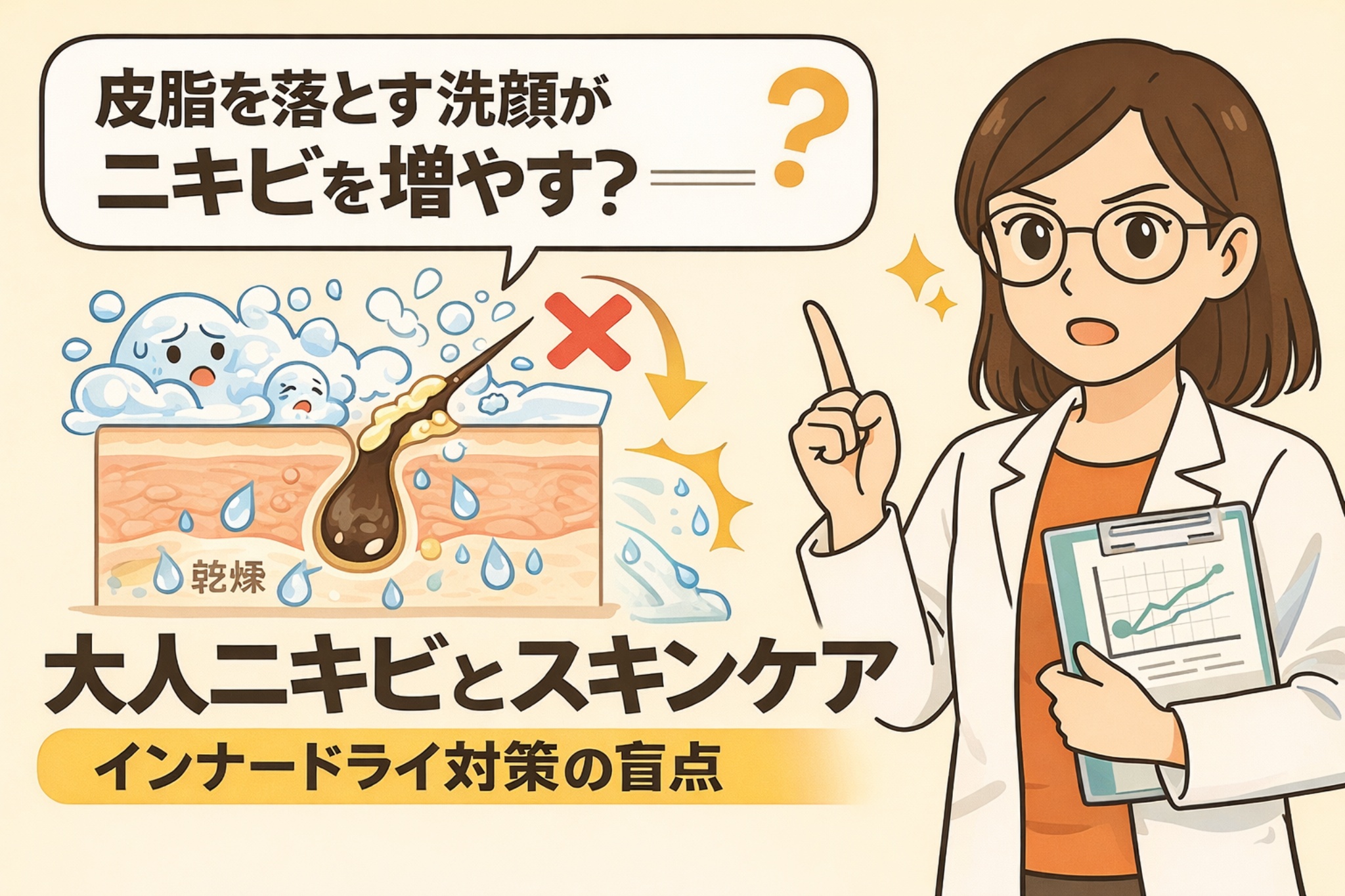 皮脂を落としすぎる洗顔が大人ニキビを増やす可能性を解説するイラスト。泡で洗われて乾燥した毛穴断面図と、白衣を着た女性がインナードライ対策の盲点を指摘している。