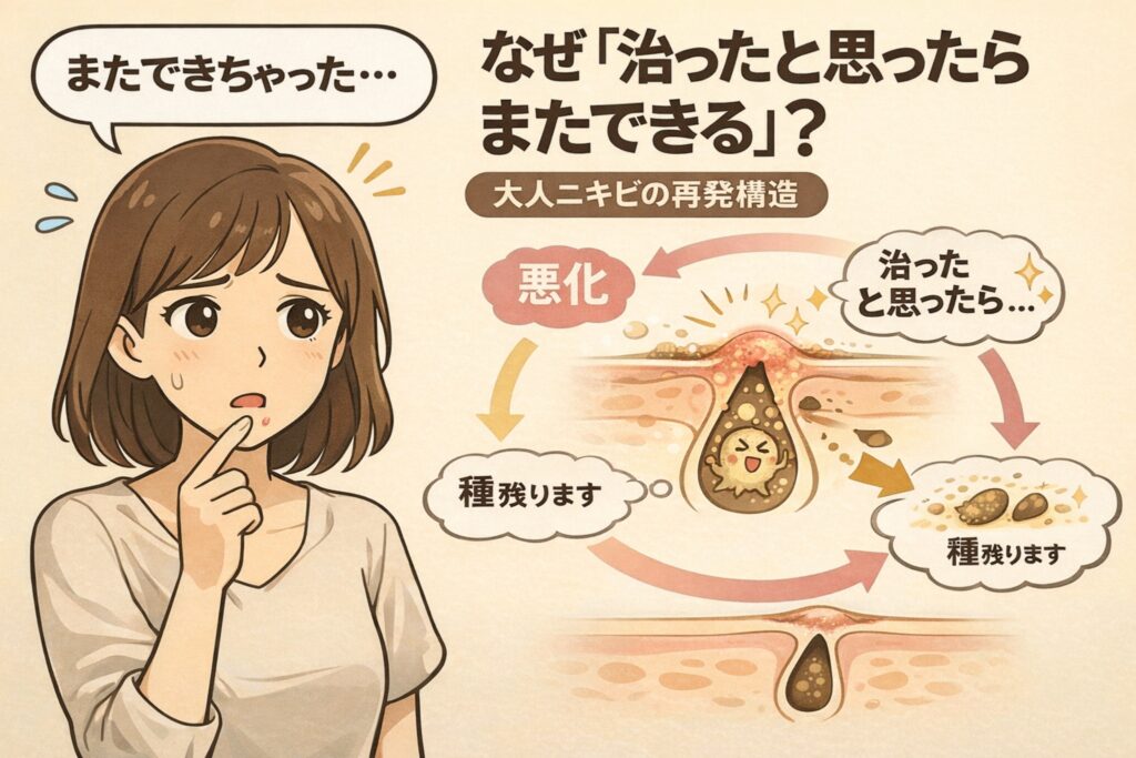 大人ニキビが「治ったと思ったのにまたできる」理由を解説する図解イラスト。悩んだ表情で顎に触れる女性とともに、毛穴内部に残った角栓や炎症の“種”が再び悪化し、ニキビが再発する循環構造を断面図で表現。炎症→一時的に治癒→種が残る→再発という流れが矢印で示されている。