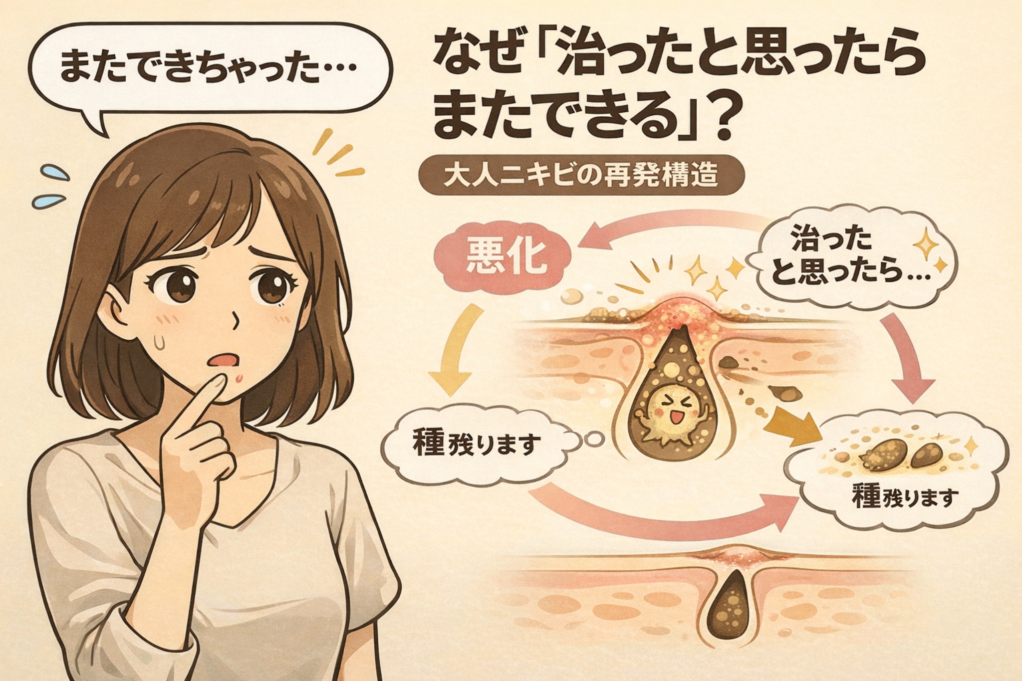 大人ニキビが「治ったと思ったのにまたできる」理由を解説する図解イラスト。悩んだ表情で顎に触れる女性とともに、毛穴内部に残った角栓や炎症の“種”が再び悪化し、ニキビが再発する循環構造を断面図で表現。炎症→一時的に治癒→種が残る→再発という流れが矢印で示されている。
