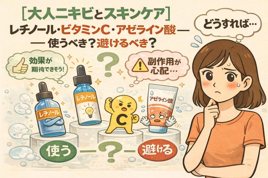 大人ニキビに悩む女性が、レチノール・ビタミンC・アゼライン酸を使うべきか避けるべきか迷っている様子を描いたイラスト。効果への期待と副作用への不安を対比しながら、成分選びの判断軸を分かりやすく表現している。