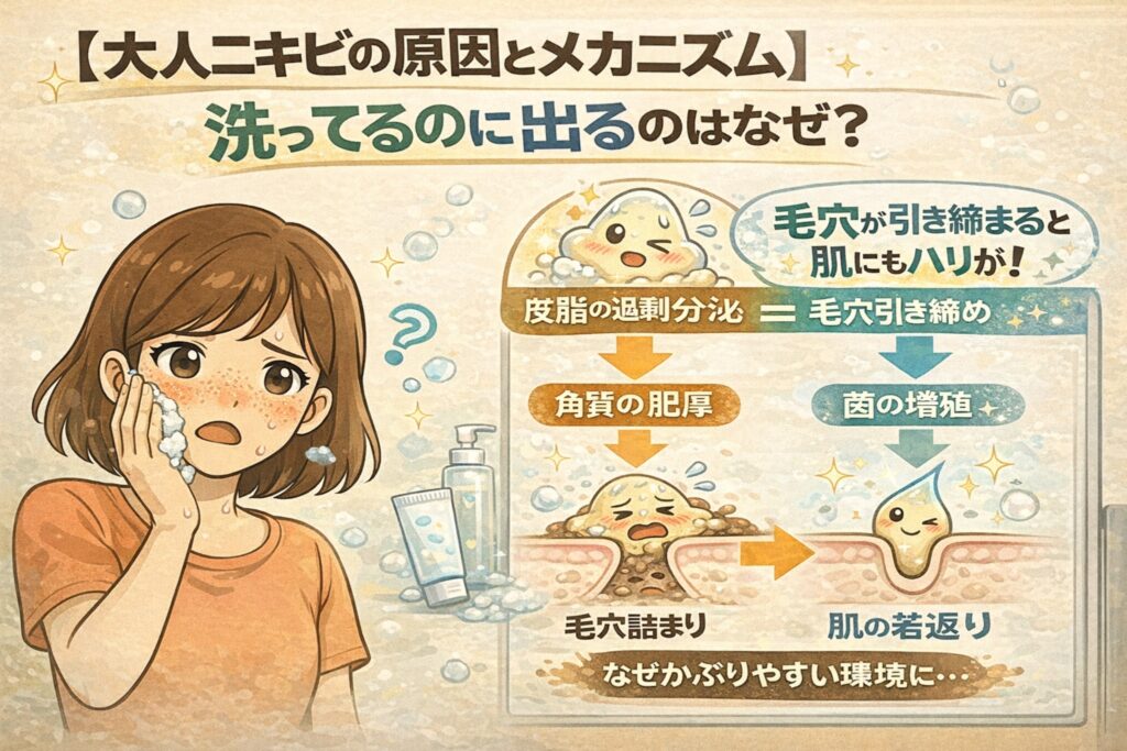 大人ニキビの原因とメカニズムを解説する図解イラスト。「洗ってるのに出るのはなぜ？」という問いに対し、皮脂の過剰分泌から角質の肥厚、毛穴詰まり、菌の増殖へと進む流れが段階的に描かれている。洗顔している女性の困惑した表情とともに、毛穴断面の擬人化図でニキビができやすい環境と、毛穴が引き締まることで肌のハリや回復につながる対比が示された教育用ビジュアル。