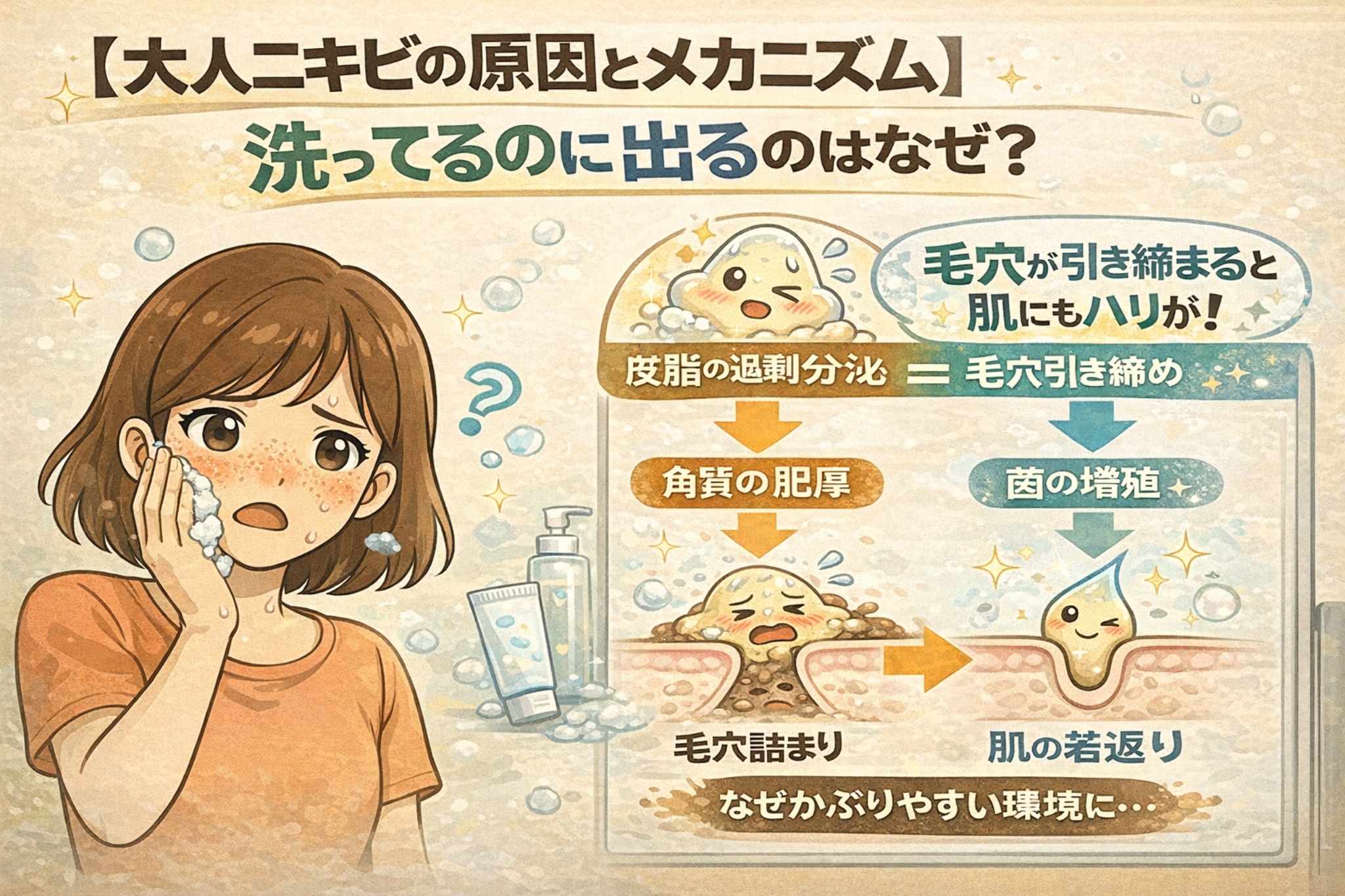 大人ニキビの原因とメカニズムを解説する図解イラスト。「洗ってるのに出るのはなぜ？」という問いに対し、皮脂の過剰分泌から角質の肥厚、毛穴詰まり、菌の増殖へと進む流れが段階的に描かれている。洗顔している女性の困惑した表情とともに、毛穴断面の擬人化図でニキビができやすい環境と、毛穴が引き締まることで肌のハリや回復につながる対比が示された教育用ビジュアル。