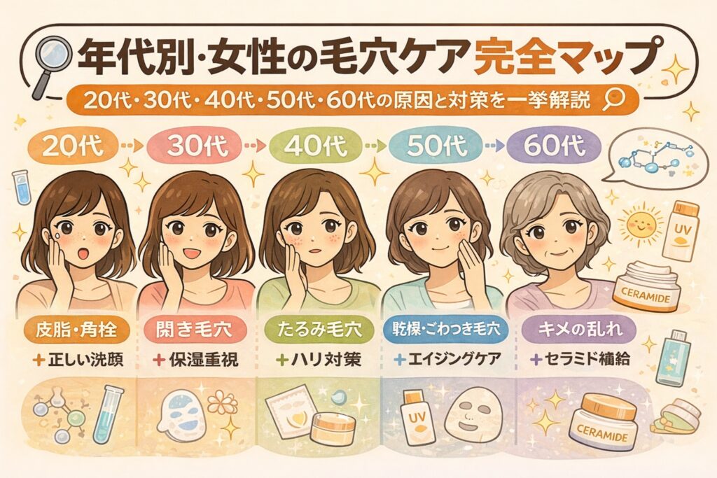 年代別に女性の毛穴悩みとケア方法をまとめた図解イラスト。20代・30代・40代・50代・60代それぞれの女性が並び、年代ごとの毛穴トラブル（皮脂・角栓、開き毛穴、たるみ毛穴、乾燥・ごわつき、キメの乱れ）と、それに対応するケアのポイント（正しい洗顔、保湿重視、ハリ対策、エイジングケア、セラミド補給）がアイコン付きで整理されている。年齢による毛穴変化と対策を一目で理解できるビジュアル。