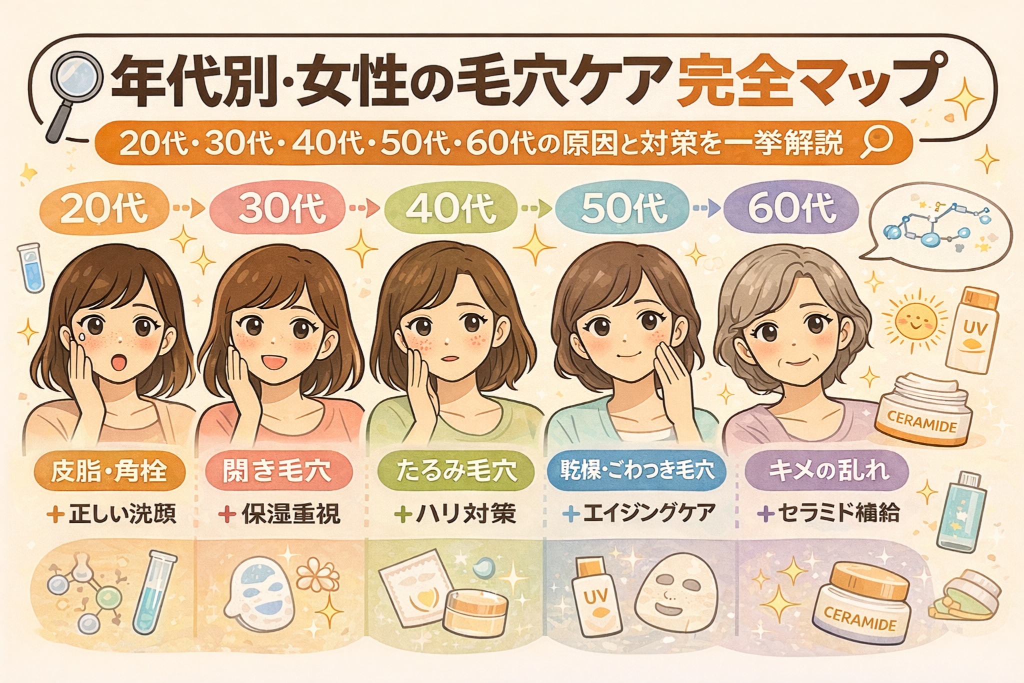 年代別に女性の毛穴悩みとケア方法をまとめた図解イラスト。20代・30代・40代・50代・60代それぞれの女性が並び、年代ごとの毛穴トラブル（皮脂・角栓、開き毛穴、たるみ毛穴、乾燥・ごわつき、キメの乱れ）と、それに対応するケアのポイント（正しい洗顔、保湿重視、ハリ対策、エイジングケア、セラミド補給）がアイコン付きで整理されている。年齢による毛穴変化と対策を一目で理解できるビジュアル。