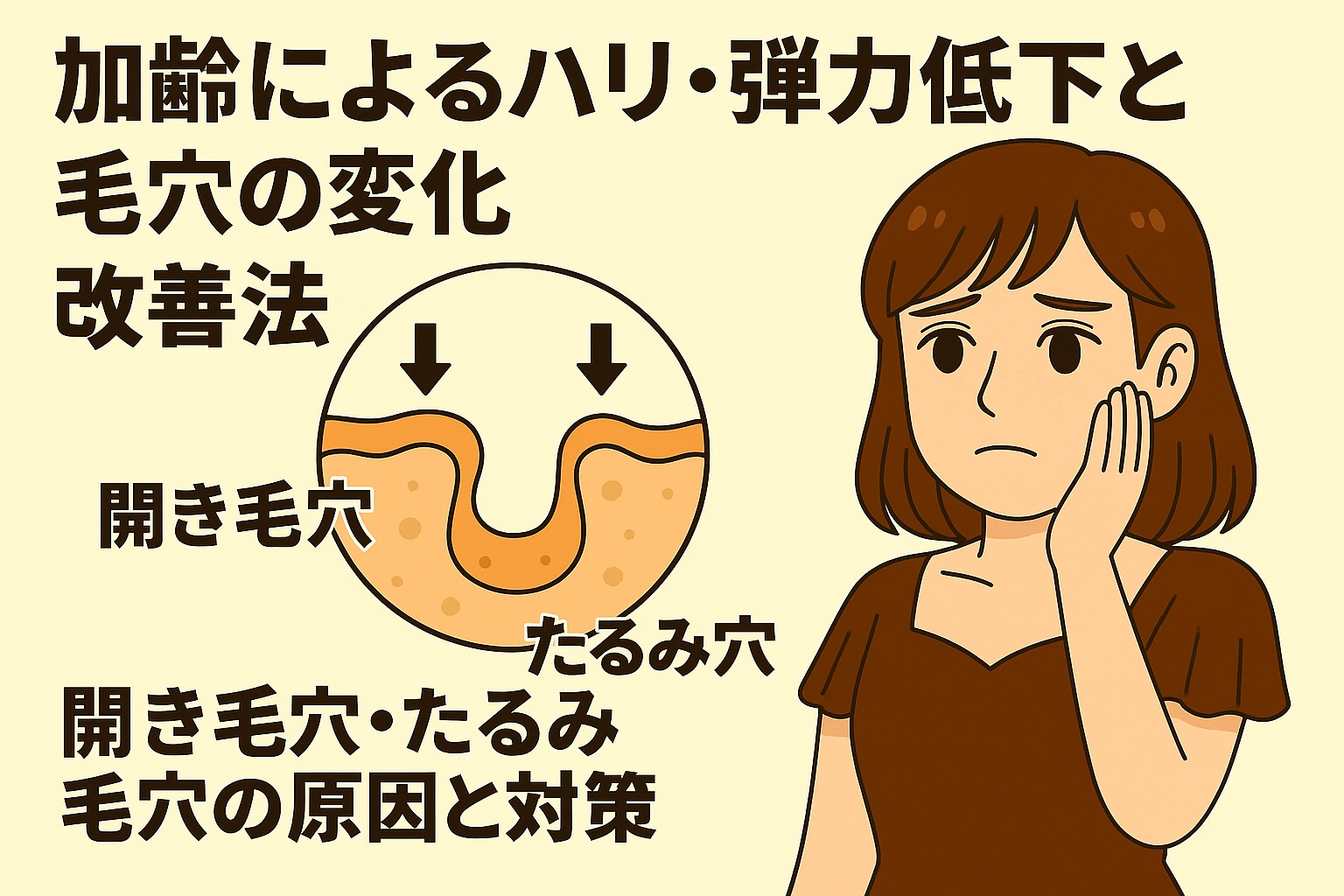 加齢によるハリ・弾力低下で開き毛穴やたるみ毛穴が目立つ仕組みと、その原因・対策を解説するスキンケア解説イラスト。女性が顔に手を当てて悩んでいる様子と、毛穴構造の図解が描かれている。