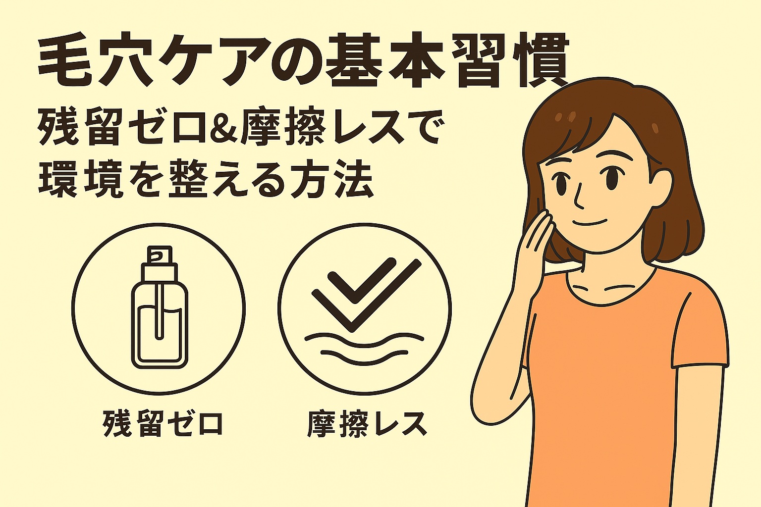 毛穴ケアの基本習慣を説明するフラットイラスト。頬に手を当てる女性と、「残留ゼロ」「摩擦レス」を示す2つのアイコンが並び、毛穴環境を整える方法を示している。