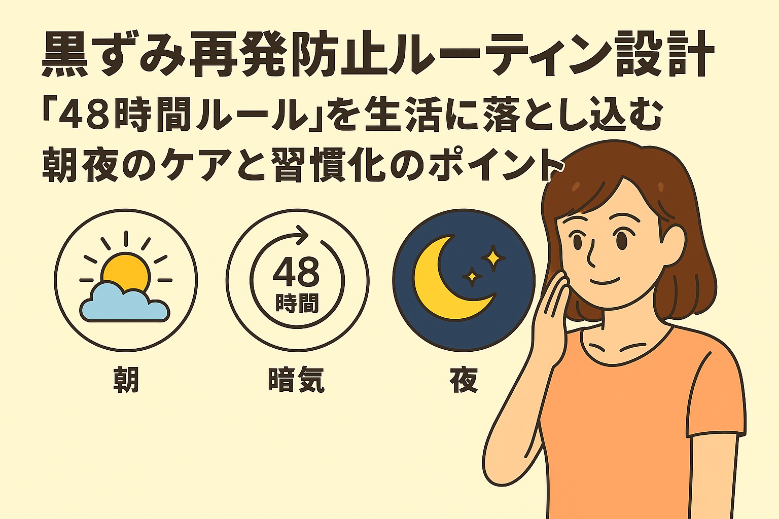 黒ずみ再発防止ルーティン設計を説明するフラットイラスト。頬に手を当てる女性と、朝・48時間・夜を示すアイコンが並び、「48時間ルール」を生活に取り入れたケアと習慣化のポイントを示している。