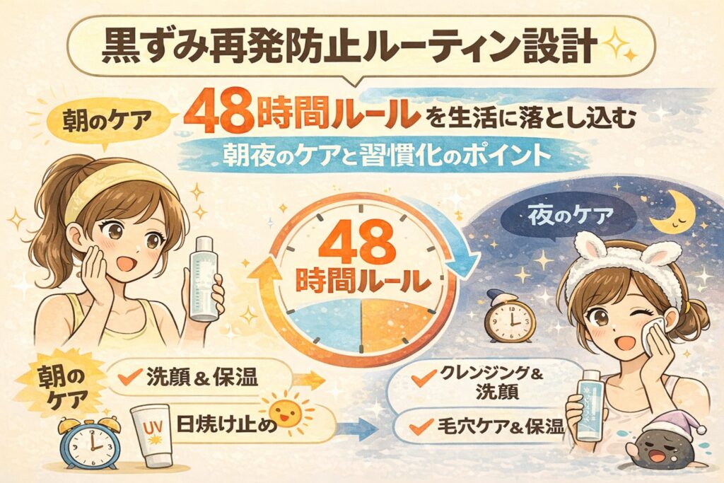 黒ずみの再発を防ぐためのルーティン設計を、48時間ルールの視点で解説したイラスト。朝と夜のスキンケアを生活に組み込み、洗顔・保湿・紫外線対策・夜のクレンジングと毛穴ケアを習慣化することで、毛穴詰まりと黒ずみの再発を防ぐ流れを、時間軸と人物のケアシーンで分かりやすく示している。