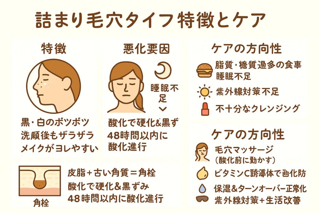 「詰まり毛穴タイプ特徴とケア」

特徴: 黒・白のポツポツ、洗顔後もザラザラ、メイクがヨレやすい

原因: 皮脂＋古い角質＝角栓、酸化で硬化＆黒ずみ、48時間以内に酸化進行

悪化要因: 脂質・糖質過多の食事、睡眠不足、紫外線対策不足、不十分なクレンジング

ケアの方向性: 毛穴マッサージ（酸化前に動かす）、ビタミンC誘導体で酸化防止、保湿＆ターンオーバー正常化、紫外線対策＋生活改善