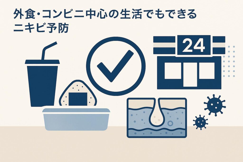 「外食・コンビニ中心の生活でもできるニキビ予防」をテーマにした科学的イラスト。淡いベージュとブルーを基調に、コンビニ・おにぎり・飲み物・皮膚断面図・細菌アイコンが描かれ、忙しい生活の中でも実践できるニキビ対策を象徴的に表現している。