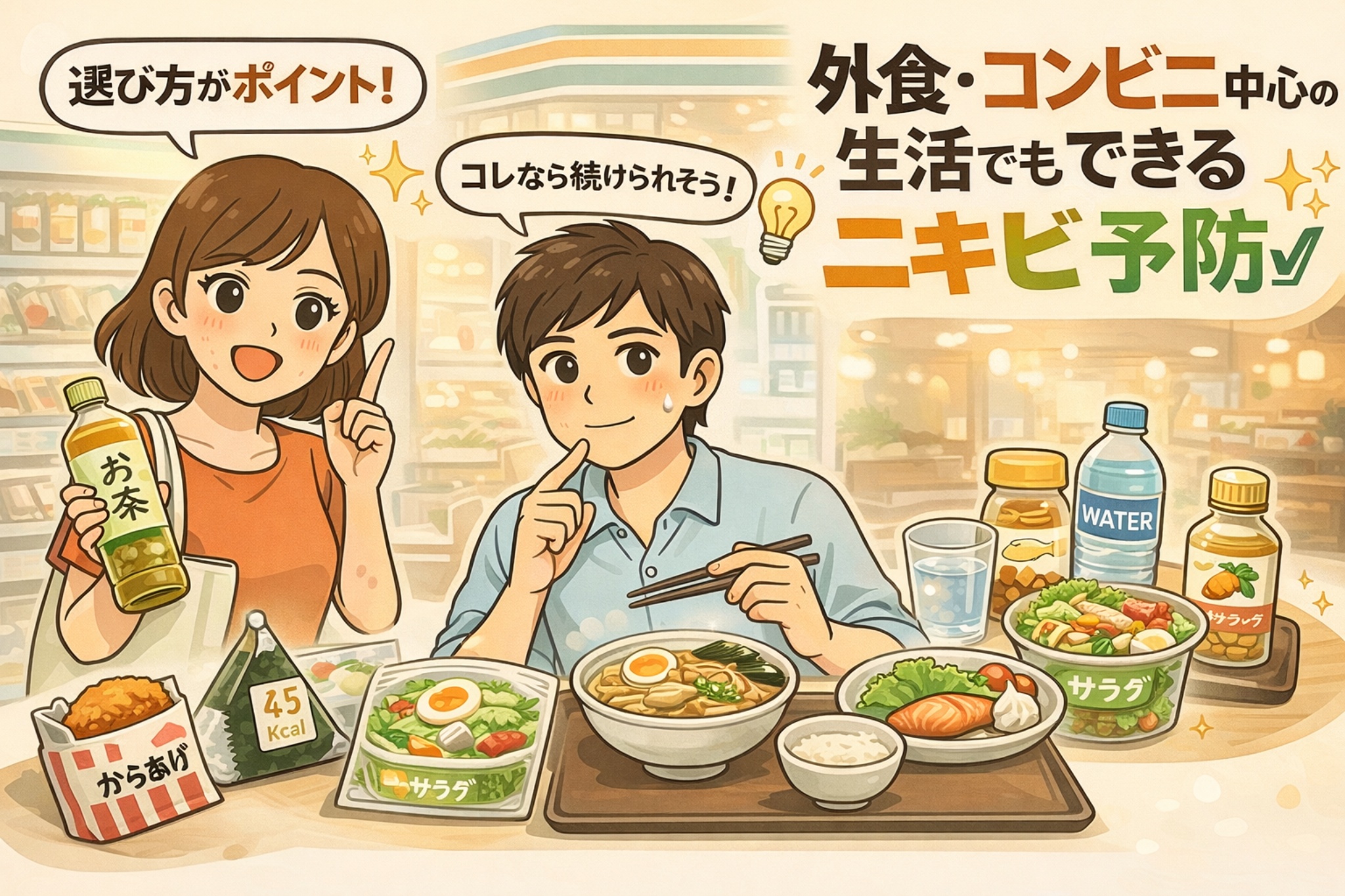 外食やコンビニ中心の生活でもできるニキビ予防をテーマにしたイラスト。店内で食事を選ぶ男女が、サラダや水、お茶などを組み合わせた食事を楽しむ様子を描き、選び方次第で無理なくニキビ対策を続けられることを明るく伝えている。