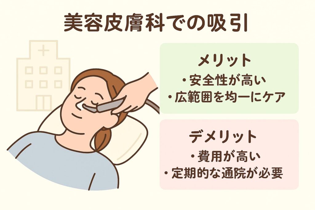 ベージュ背景の日本語インフォグラフィック。「美容皮膚科での吸引」というタイトルと、施術ベッドで鼻に吸引器具を当てられている女性のイラスト。右側にメリット（安全性が高い、広範囲を均一にケア）を淡いグリーン背景、デメリット（費用が高い、定期的な通院が必要）を淡いピンク背景で記載。