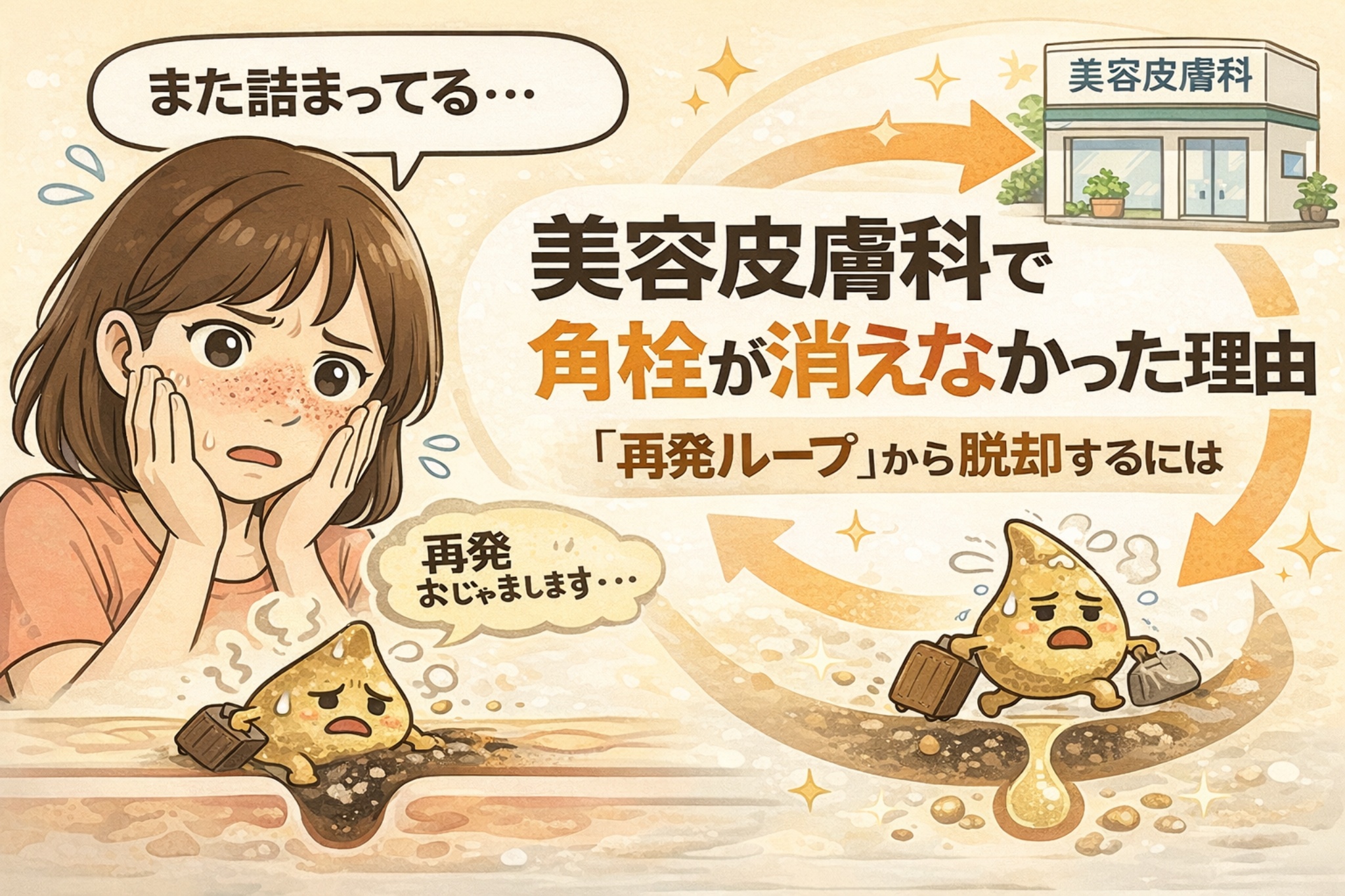 美容皮膚科に通っても角栓が消えなかった理由と、再発ループの仕組みを解説した図解イラスト。毛穴の詰まりに悩む女性と、角栓が除去されても再び詰まってしまう循環構造を描き、「再発から脱却するには根本的なケアが必要」であることを示している。