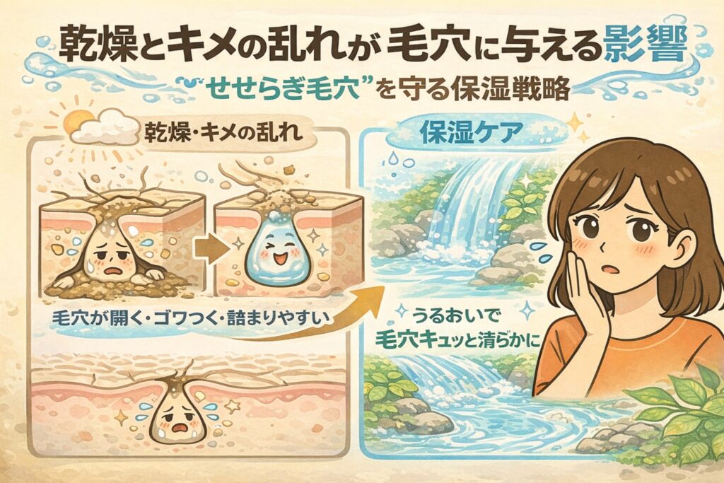 乾燥やキメの乱れが毛穴に与える影響と、保湿ケアによる改善の考え方を解説するイラスト。左側では乾燥によって毛穴が開き、ゴワつきや詰まりが起こりやすくなる様子を毛穴断面図で表現。右側では十分な保湿によりキメが整い、うるおいで毛穴が引き締まって見える状態を自然の水流になぞらえて描いている。頬に触れて変化を実感する女性の姿が配置されている。