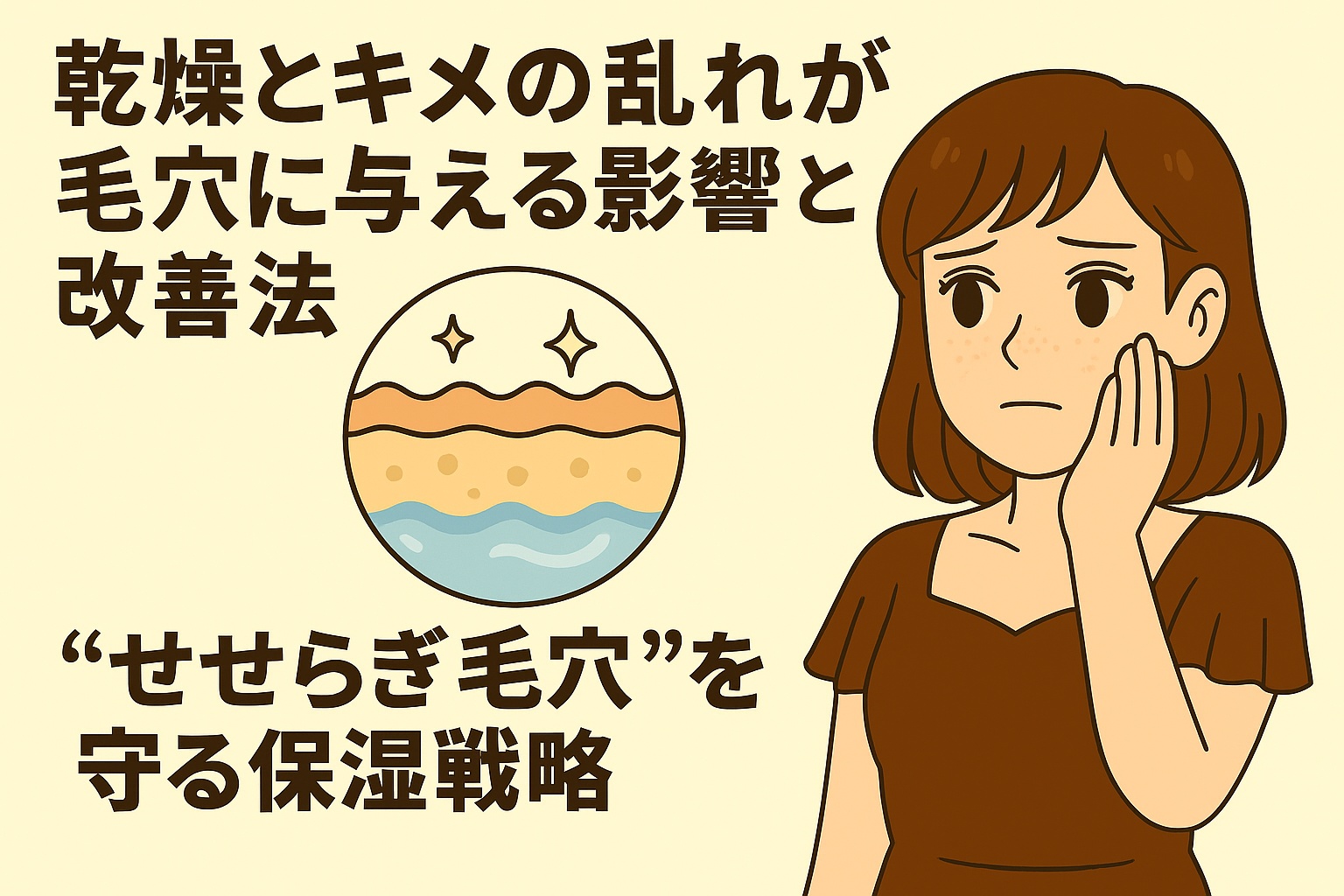茶色のドレスを着た女性が、心配そうな表情で頬に手を当てているイラスト。左側には波状の肌の断面図と輝くマークが描かれ、「乾燥とキメの乱れが毛穴に与える影響と改善法」「“せせらぎ毛穴”を守る保湿戦略」という文字が配置されている。