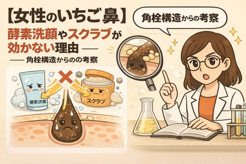女性のいちご鼻に対して、酵素洗顔やスクラブが効きにくい理由を角栓構造の視点から解説するイラスト。酵素洗顔やスクラブが角栓表面にしか作用せず、毛穴内部の固い角栓構造には届かない様子を図解し、白衣の研究者が拡大鏡で角栓の構造を説明している毛穴ケア解説画像。