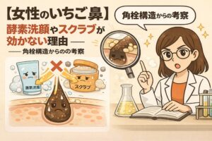 女性のいちご鼻に対して、酵素洗顔やスクラブが効きにくい理由を角栓構造の視点から解説するイラスト。酵素洗顔やスクラブが角栓表面にしか作用せず、毛穴内部の固い角栓構造には届かない様子を図解し、白衣の研究者が拡大鏡で角栓の構造を説明している毛穴ケア解説画像。