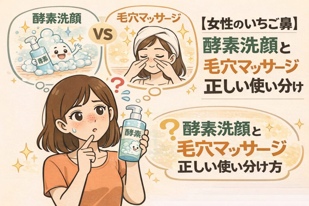 女性のいちご鼻対策として、酵素洗顔と毛穴マッサージの正しい使い分けを解説したイラスト。酵素洗顔と毛穴マッサージを「VS」で比較し、どちらを使うべきか悩む女性が描かれている。泡の酵素洗顔ボトルと、鼻をやさしくマッサージするシーンが対比され、「酵素洗顔と毛穴マッサージ 正しい使い分け方」を伝える淡いベージュ背景のアイキャッチ。