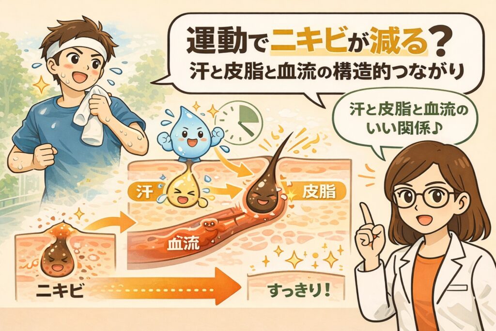 運動でニキビが減る理由を解説した図解イラスト。運動による発汗と血流の改善が皮脂の流れを整え、毛穴詰まりを起こしにくくする構造的なつながりを、断面図と擬人化キャラクターで分かりやすく示している。