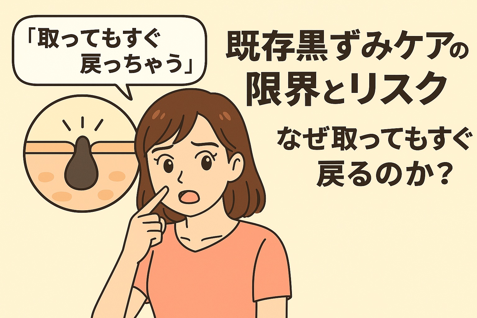 既存黒ずみケアの限界とリスクをテーマに、鼻の黒ずみを指差して悩む女性と、毛穴断面の黒ずみ構造図を描いたフラットイラスト。テキストには「取ってもすぐ戻っちゃう」「既存黒ずみケアの限界とリスク なぜ取ってもすぐ戻るのか？」と表示。