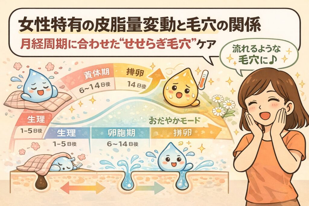 女性特有の皮脂量変動と毛穴の関係を解説した図解イラスト。生理期・卵胞期・排卵期といった月経周期ごとの皮脂状態の変化に合わせて、毛穴の流れやすさが変わる様子を示し、“流れるような毛穴”を目指す周期別ケアの考え方を分かりやすく表現している。
