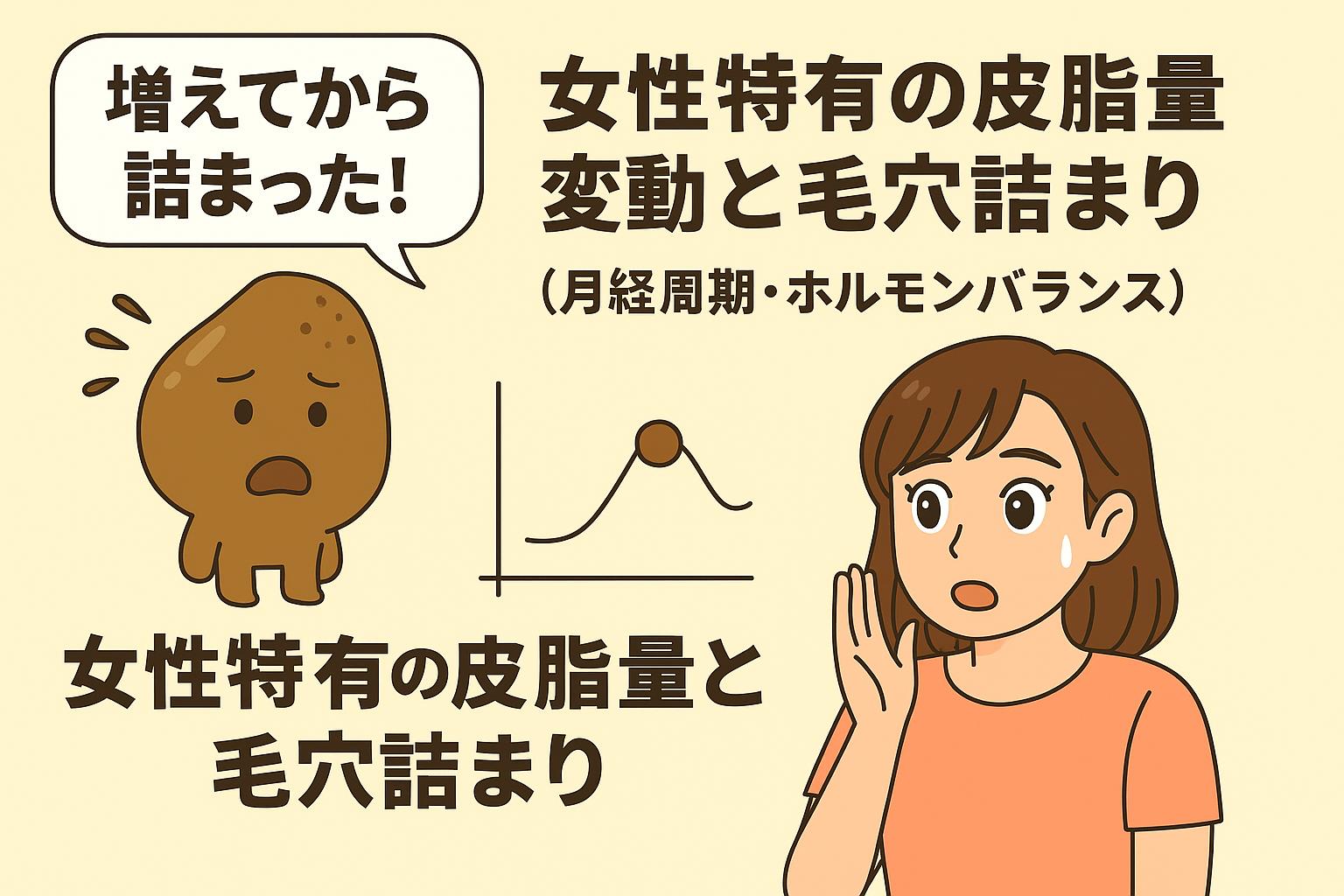 女性特有の皮脂量変動と毛穴詰まりを説明するイラスト。月経周期とホルモンバランスによる皮脂量の変化をグラフとキャラクターで表現し、驚く女性が描かれている