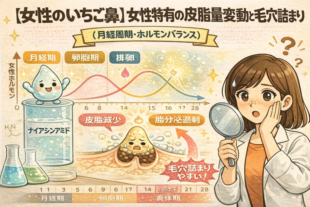 女性のいちご鼻をテーマに、月経周期やホルモンバランスによる皮脂量の変動と毛穴詰まりの関係を解説したイラスト。月経期・卵胞期・排卵・黄体期のホルモン変化をグラフで示し、皮脂が増減することで毛穴が詰まりやすくなる仕組みを、毛穴断面図と悩む女性の表情で分かりやすく表現している。
