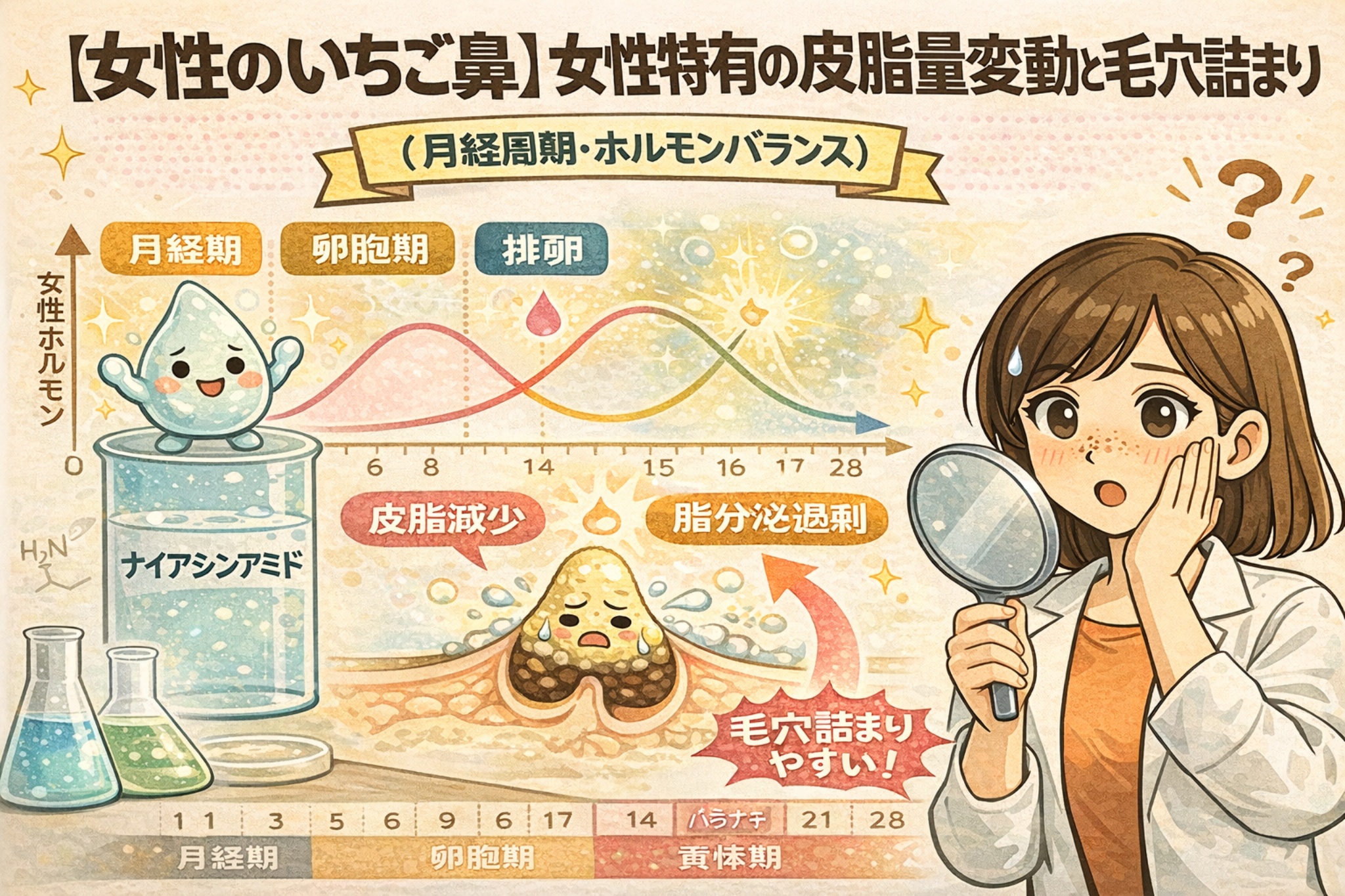 女性のいちご鼻をテーマに、月経周期やホルモンバランスによる皮脂量の変動と毛穴詰まりの関係を解説したイラスト。月経期・卵胞期・排卵・黄体期のホルモン変化をグラフで示し、皮脂が増減することで毛穴が詰まりやすくなる仕組みを、毛穴断面図と悩む女性の表情で分かりやすく表現している。