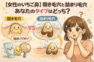 女性のいちご鼻をテーマに、開き毛穴と詰まり毛穴の違いを比較したイラスト。皮脂や角質が詰まっていない開き毛穴と、角栓が形成された詰まり毛穴を断面図で対比し、どちらのタイプかを悩む女性の表情とともに分かりやすく解説している。
