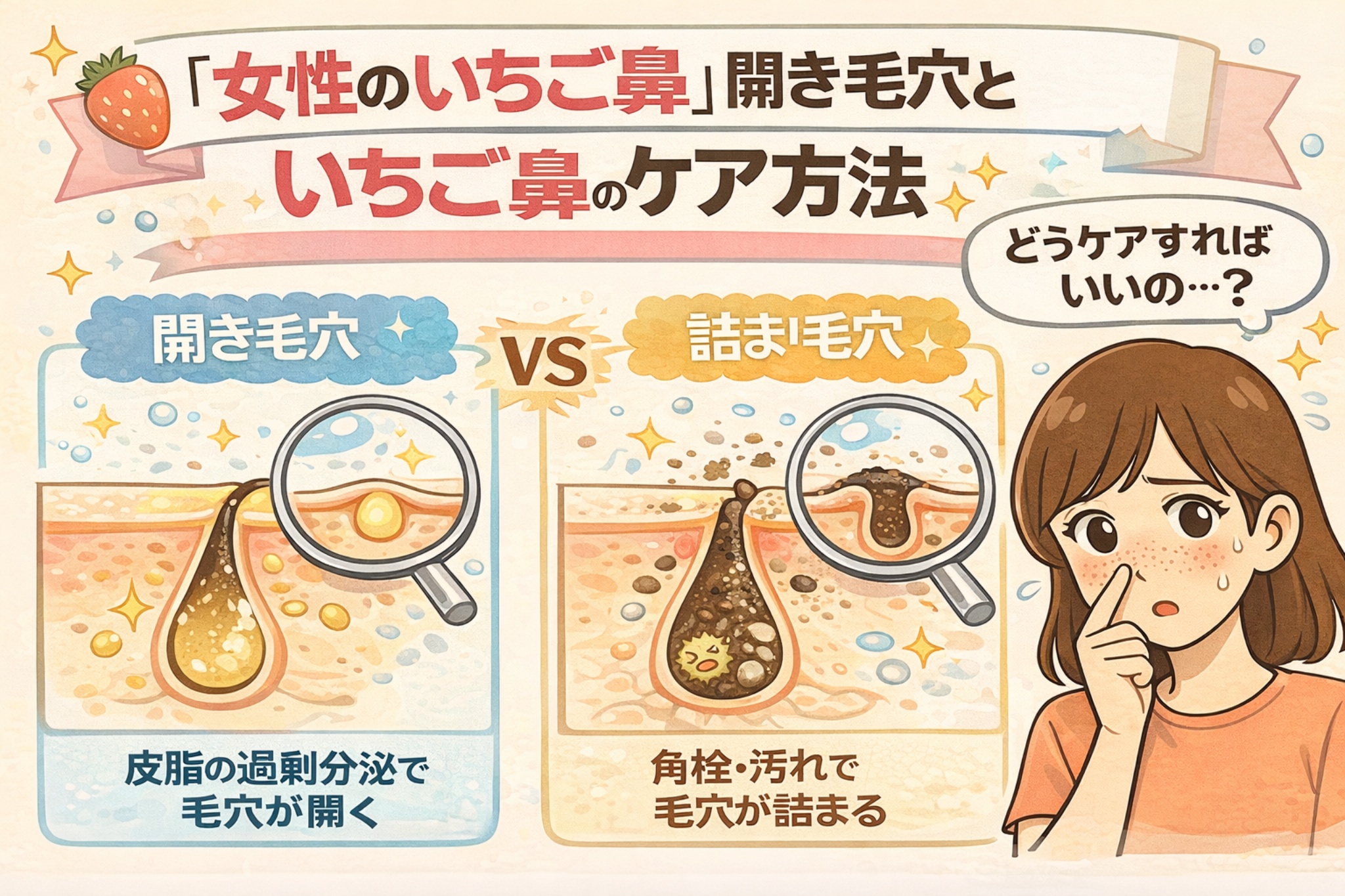 女性のいちご鼻について、開き毛穴と詰まり毛穴の違いを比較し、それぞれの正しいケア方法を解説したイラスト。皮脂の過剰分泌で毛穴が開く状態と、角栓や汚れで毛穴が詰まる状態を毛穴断面図で示し、悩む女性の視点から分かりやすく整理している。