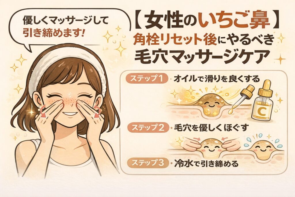女性のいちご鼻に向けて、角栓リセット後に行う毛穴マッサージケアを解説したイラスト。オイルで滑りを良くする、毛穴をやさしくほぐす、冷水で引き締めるという3ステップを、表情豊かな毛穴断面図とともに分かりやすく紹介している。