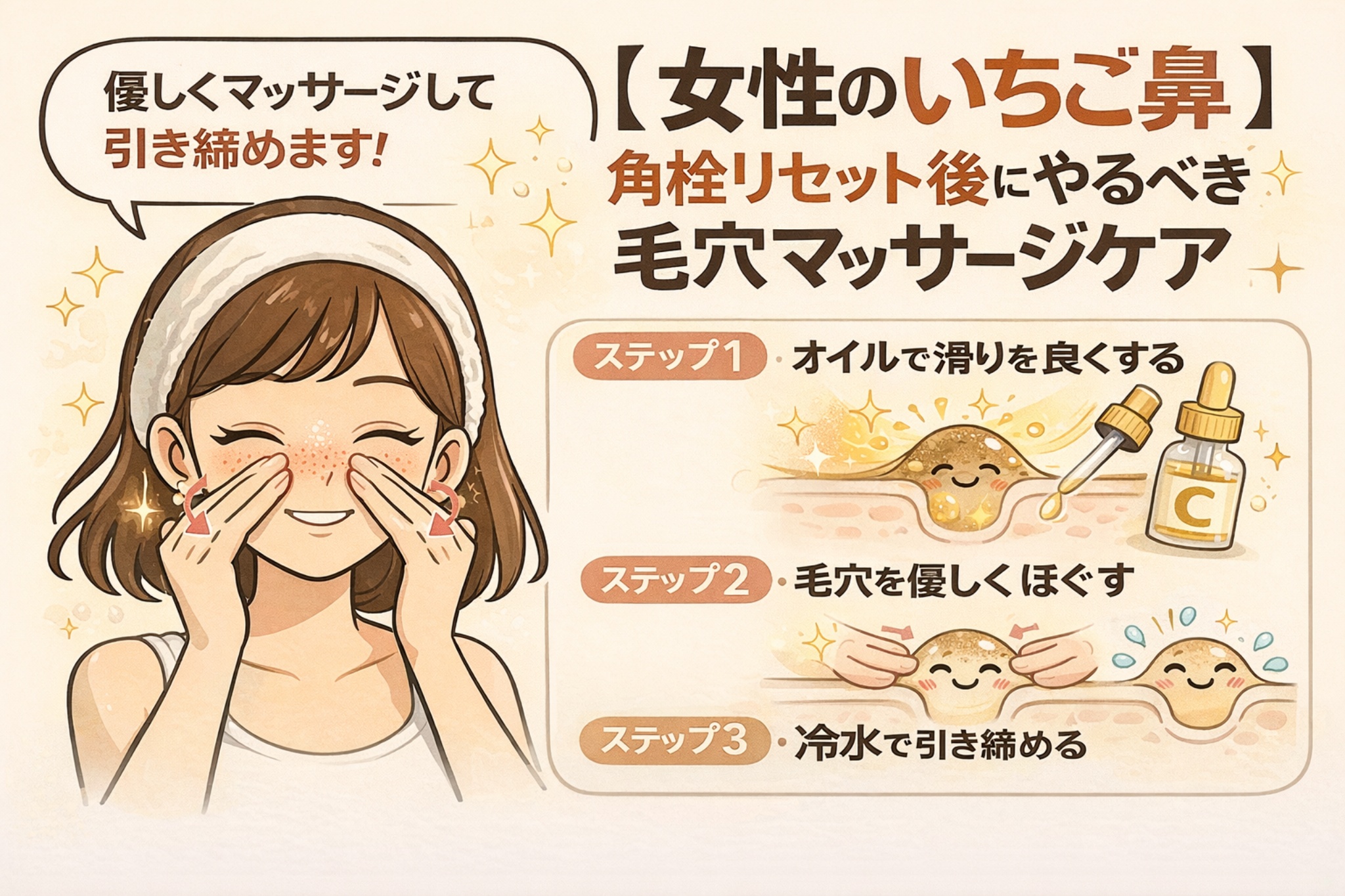 女性のいちご鼻に向けて、角栓リセット後に行う毛穴マッサージケアを解説したイラスト。オイルで滑りを良くする、毛穴をやさしくほぐす、冷水で引き締めるという3ステップを、表情豊かな毛穴断面図とともに分かりやすく紹介している。