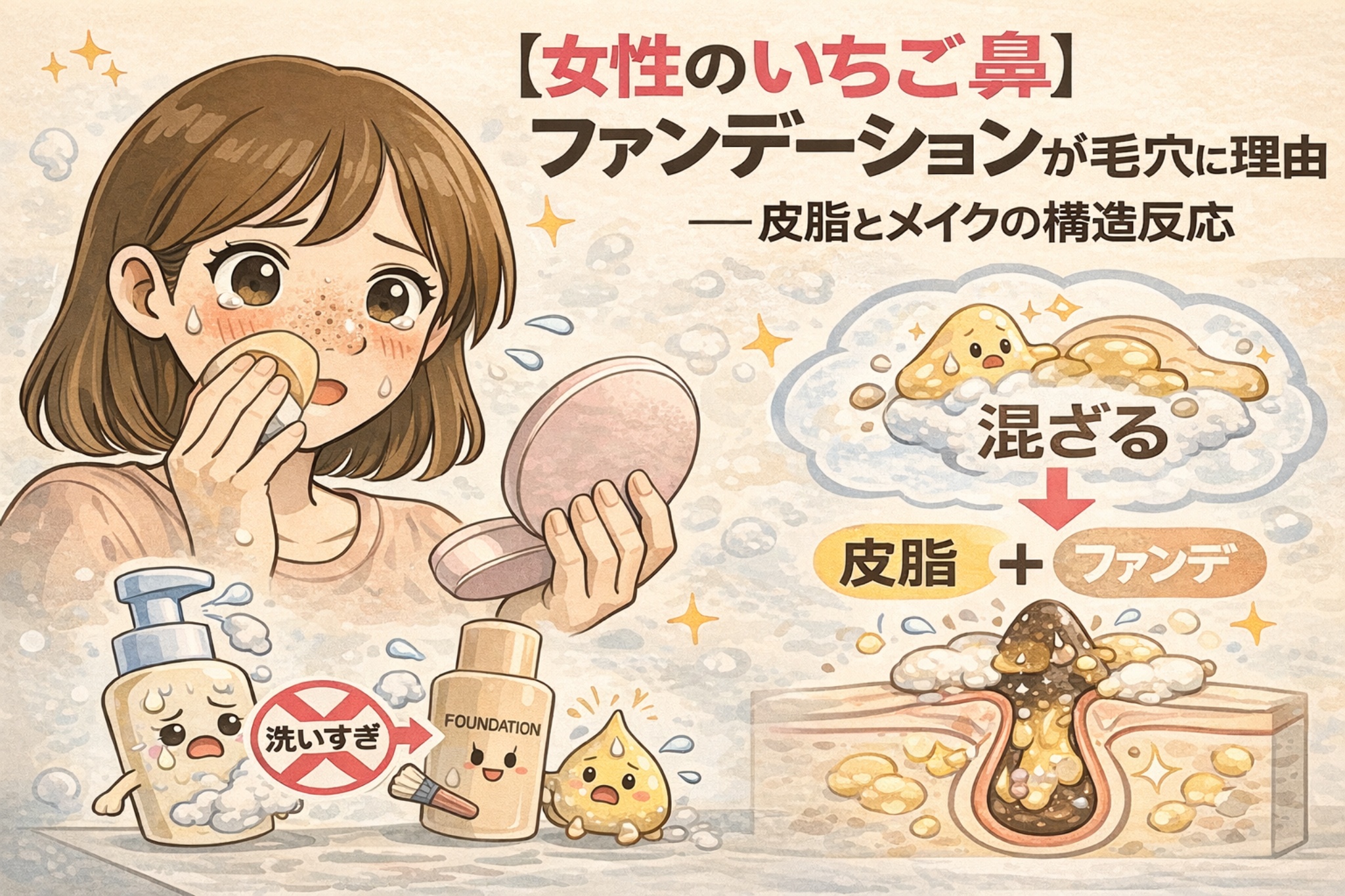 【女性のいちご鼻】ファンデーションが毛穴に埋まる理由を、皮脂とメイクの構造反応から解説した図解イラスト。洗いすぎによる皮脂分泌の乱れと、皮脂とファンデーションが混ざって毛穴に詰まる仕組みを、毛穴断面とメイクシーンで示している。