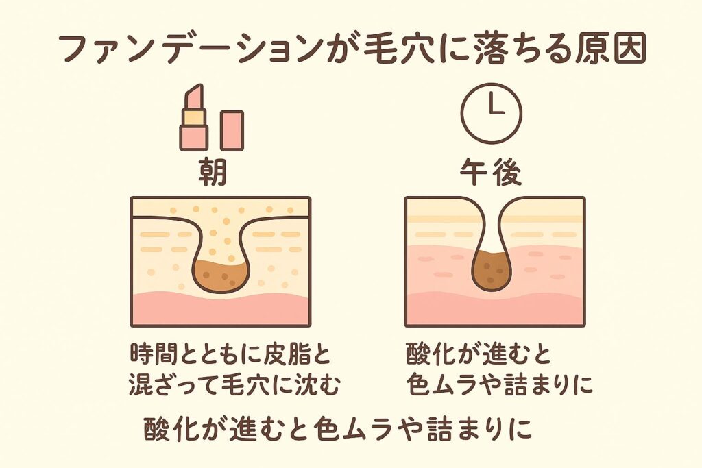 「ファンデーションが毛穴に落ちる原因」を示す日本語イラスト。左側（朝）はファンデーションが皮脂と混ざって毛穴に沈み込む断面図と「時間とともに皮脂と混ざって毛穴に沈む」という説明。右側（午後）は酸化が進み、色ムラや詰まりになった毛穴断面図と「酸化が進むと色ムラや詰まりに」という説明。