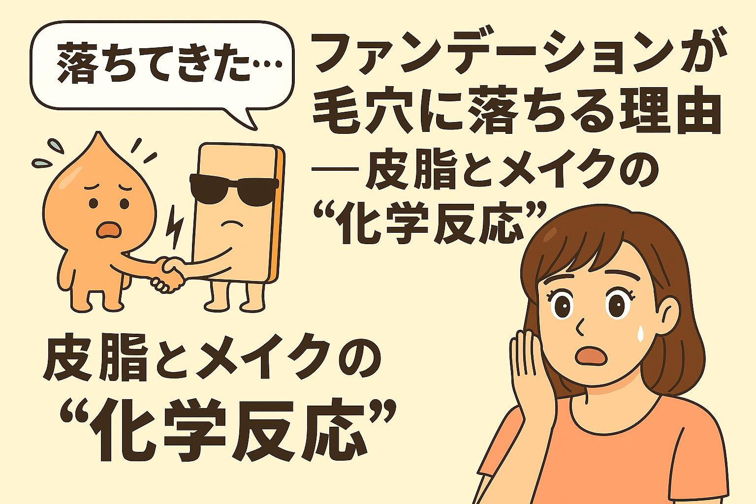 ファンデーションが毛穴に落ちる理由を説明するイラスト。皮脂とファンデーションのキャラクターが化学反応を示し、驚く女性が描かれている