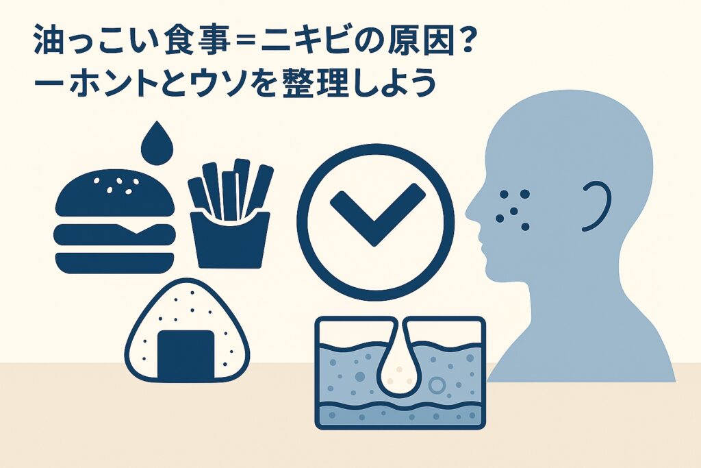 油っこい食事とニキビの関係をテーマにした図解イラスト。左側にハンバーガー、ポテト、おにぎり、毛穴断面図などのアイコンが並び、右側には顔にニキビのある横顔シルエットが描かれている。中央のチェックマークが「ホントとウソを整理する」テーマを象徴しており、テキストには「油っこい食事=ニキビの原因?―ホントとウソを整理しよう」と書かれている。