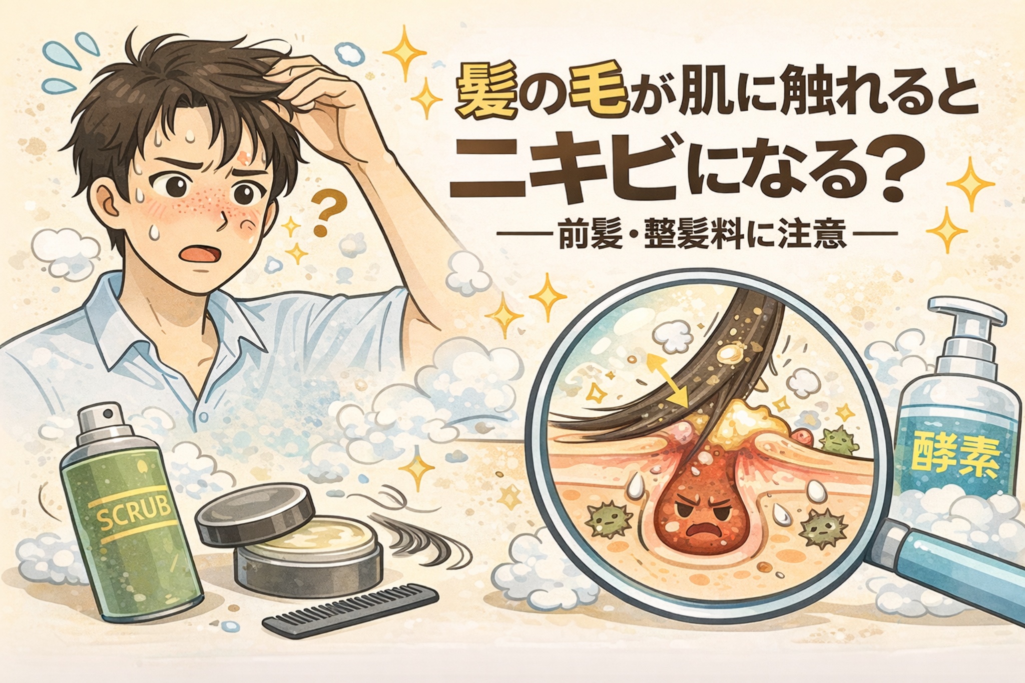 髪の毛が肌に触れることでニキビができやすくなる仕組みを解説するイラスト。前髪や整髪料が毛穴に触れ、皮脂や汚れ、雑菌が毛穴内部に入り炎症を起こす様子を、悩む男性と毛穴断面図で分かりやすく表現している。