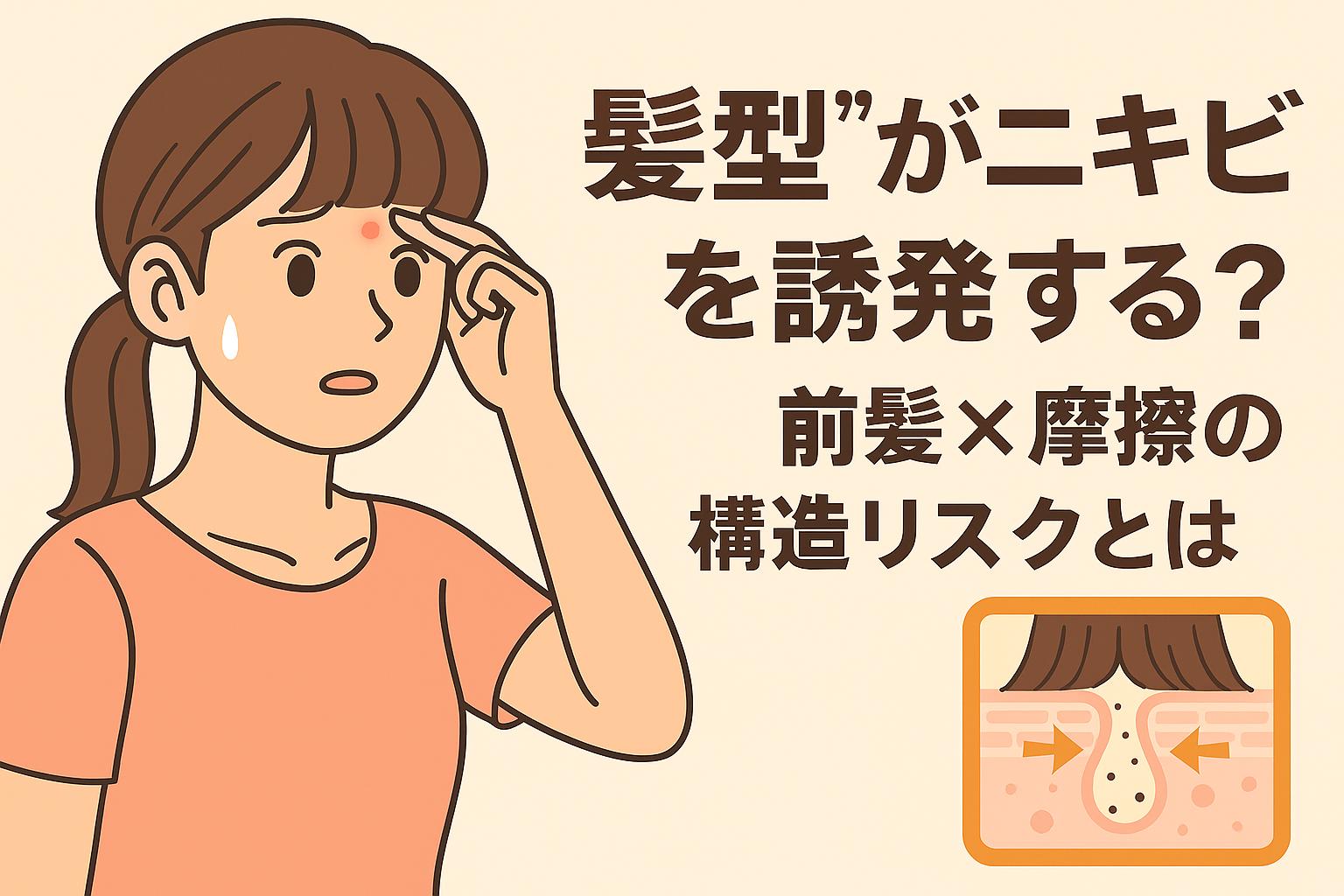 20代女性が前髪で額にできたニキビを気にしているイラスト。右側には「“髪型”がニキビを誘発する？前髪×摩擦の構造リスクとは」という文字と、前髪が額に触れて摩擦によってニキビができる仕組みを示す断面図が描かれている。
