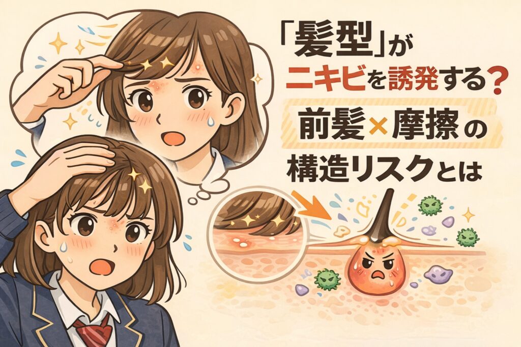 髪型がニキビを誘発する可能性を、前髪と摩擦の関係から解説するイラスト。前髪が額に触れて刺激になる様子と、毛穴断面で炎症が起きる仕組みを描き、前髪×摩擦がニキビリスクを高める構造的な理由をわかりやすく表現している。