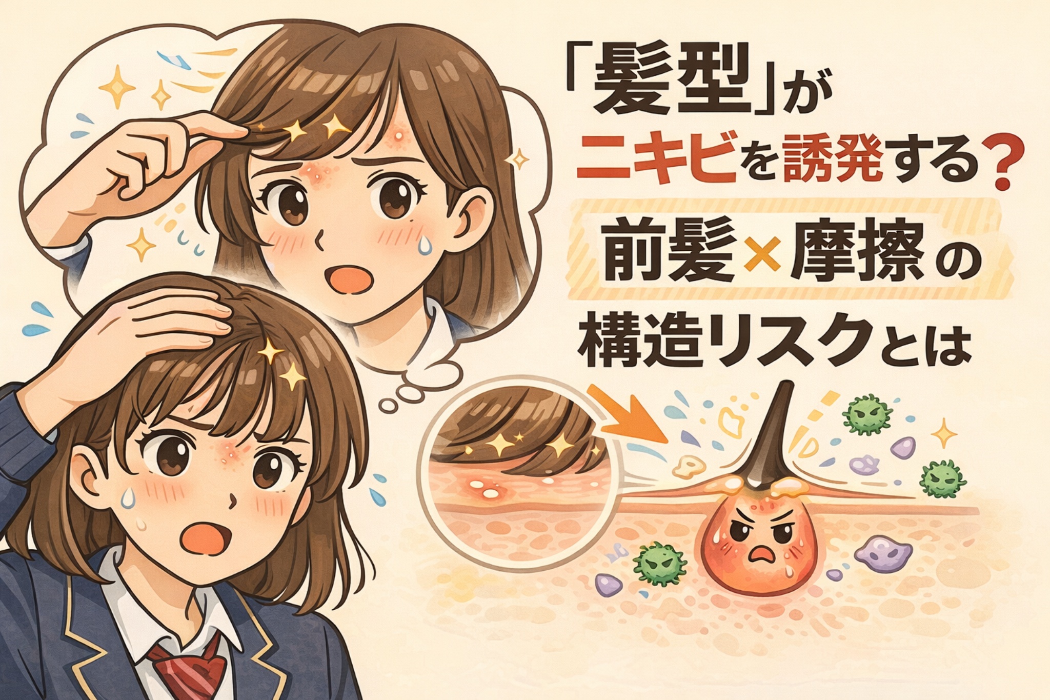 髪型がニキビを誘発する可能性を、前髪と摩擦の関係から解説するイラスト。前髪が額に触れて刺激になる様子と、毛穴断面で炎症が起きる仕組みを描き、前髪×摩擦がニキビリスクを高める構造的な理由をわかりやすく表現している。