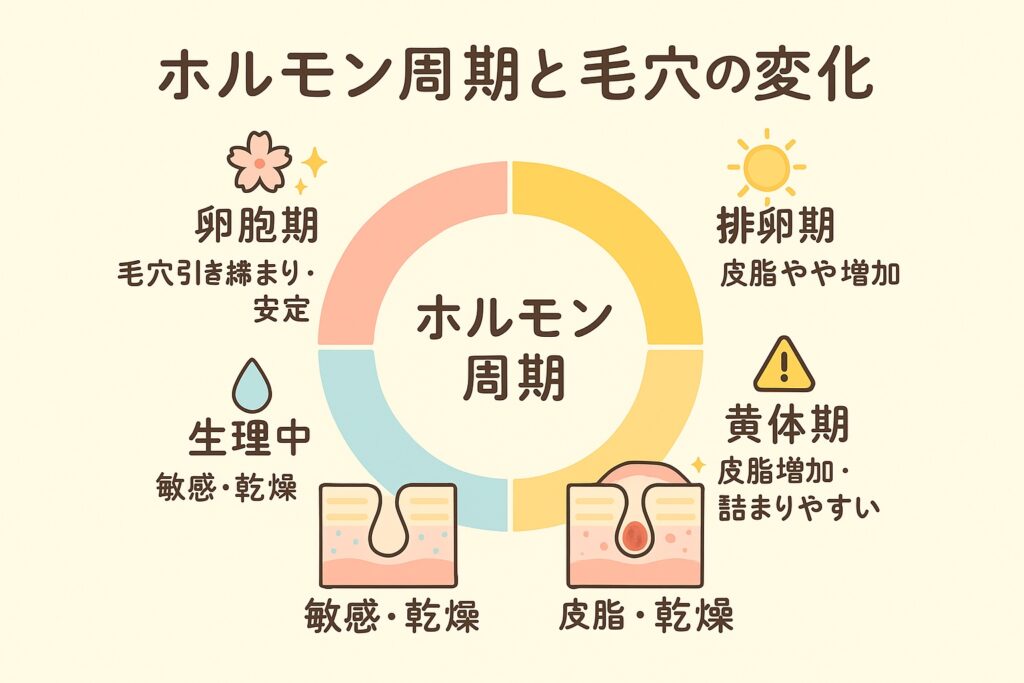 ホルモン周期と毛穴の変化を示す図解。卵胞期（毛穴引き締まり・安定）、排卵期（皮脂やや増加）、黄体期（皮脂増加・詰まりやすい）、生理中（敏感・乾燥）の4段階を円形で表示し、それぞれの毛穴状態をイラストで表現。