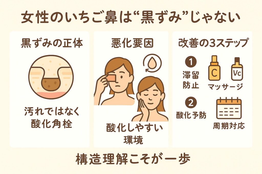「女性のいちご鼻は“黒ずみ”じゃない」というタイトルの日本語インフォグラフィック。
左から「黒ずみの正体（汚れではなく酸化角栓の毛穴断面図）」、「悪化要因（メイクやホルモン周期で酸化しやすい環境）」、
「改善の3ステップ（滞留防止のマッサージ、酸化予防のビタミンC、周期対応ケア）」の3ブロック構成。
下部には「構造理解こそが一歩」と書かれている。