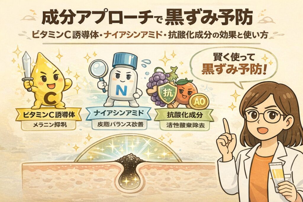 成分アプローチによる黒ずみ予防を解説したイラスト。ビタミンC誘導体、ナイアシンアミド、抗酸化成分が擬人化され、それぞれメラニン抑制、皮脂バランス改善、活性酸素除去の役割を担って毛穴の黒ずみを防ぐ様子を描いている。白衣を着た女性が指差しで解説し、「賢く使って黒ずみ予防！」というメッセージとともに、成分の組み合わせによる予防ケアの考え方を視覚的に示している。