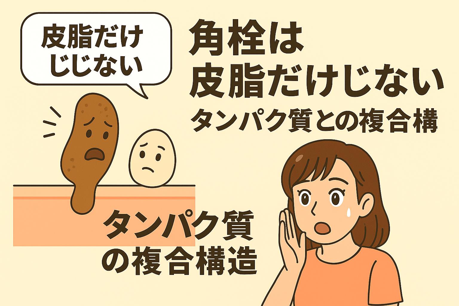 角栓は皮脂だけでなくタンパク質との複合構造であることを説明するイラスト。角栓キャラクターとタンパク質キャラクターが描かれ、驚く女性が右側に配置されている